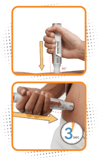 Step 2 of Otrexup Administration shows a person injecting the Otrexup injection into the thigh or abdomen