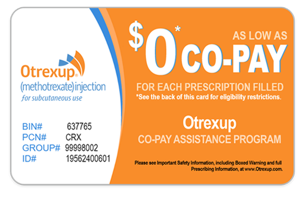 Otrexup® Co-Pay card highlighting its features with a thinking cloud on top