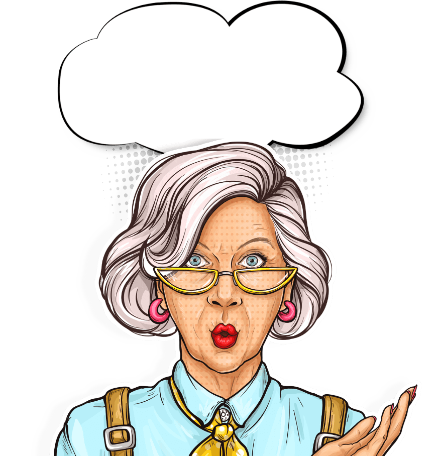 A smart old lady with a cloud icon over her head