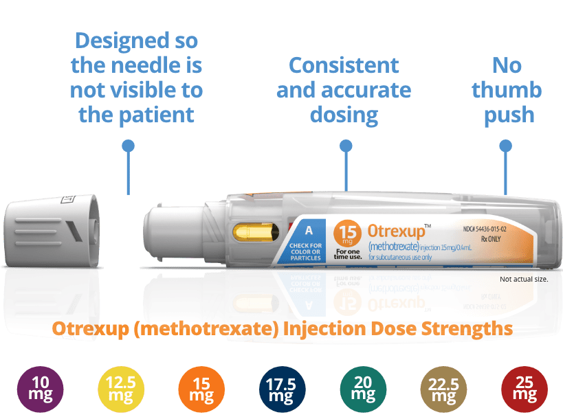 Otrexup® injection with detached safety cap highlighting its features